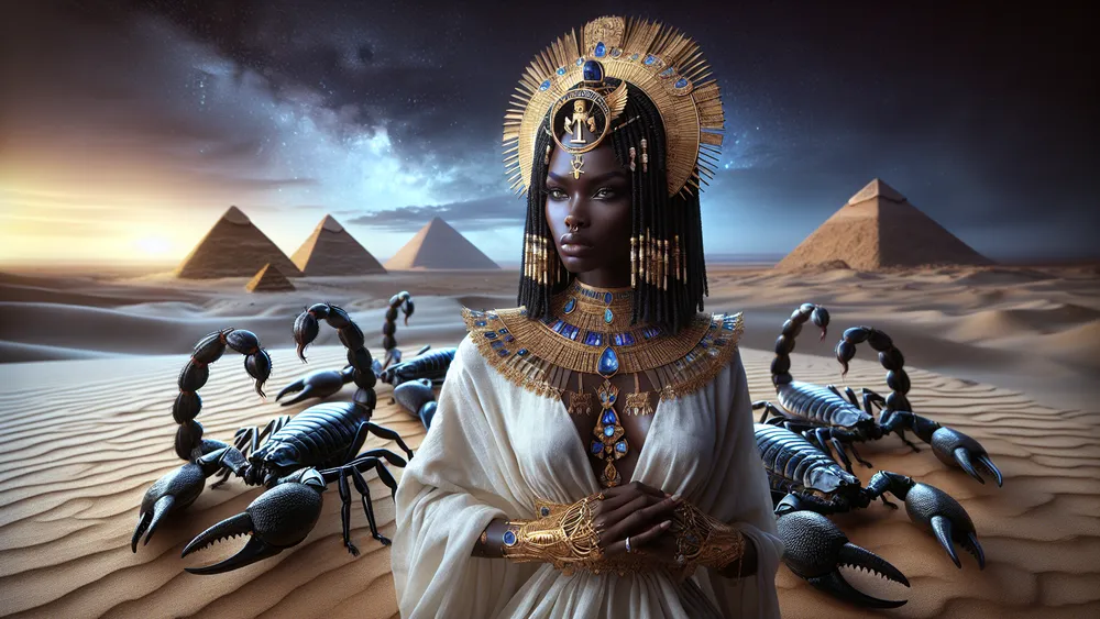 Isis With Seven Scorpions In An Ancient Egyptian Desert Scene