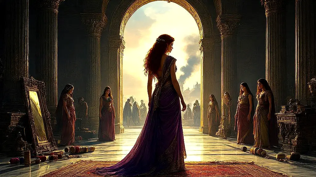 Isolated Helen in Troy, weaving amidst resentment.