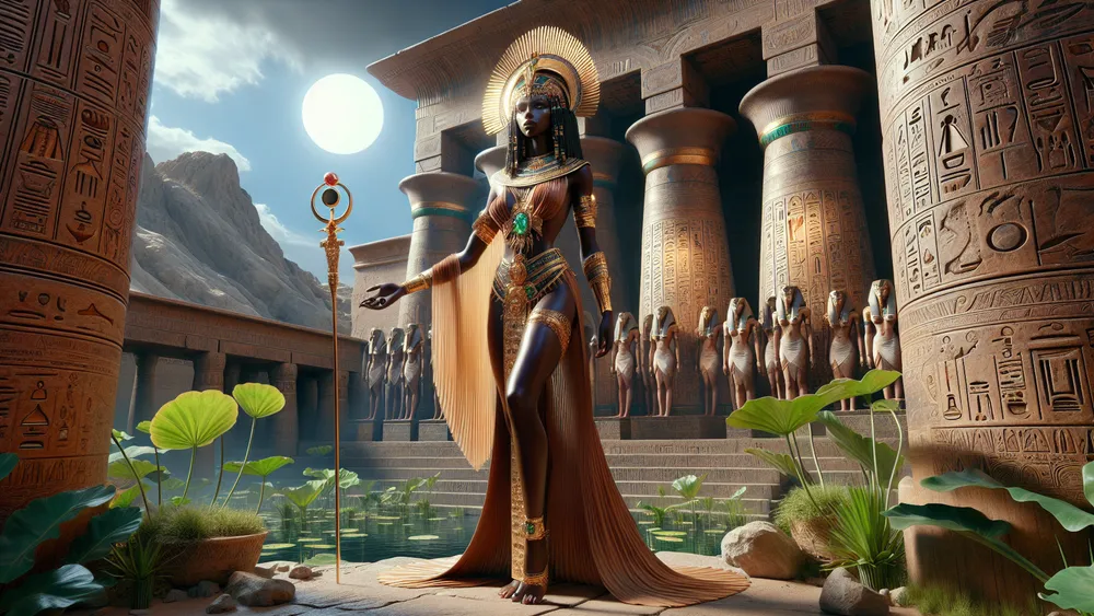 Iusaaset Egyptian Goddess Of Creation In Ancient Temple By The Nile