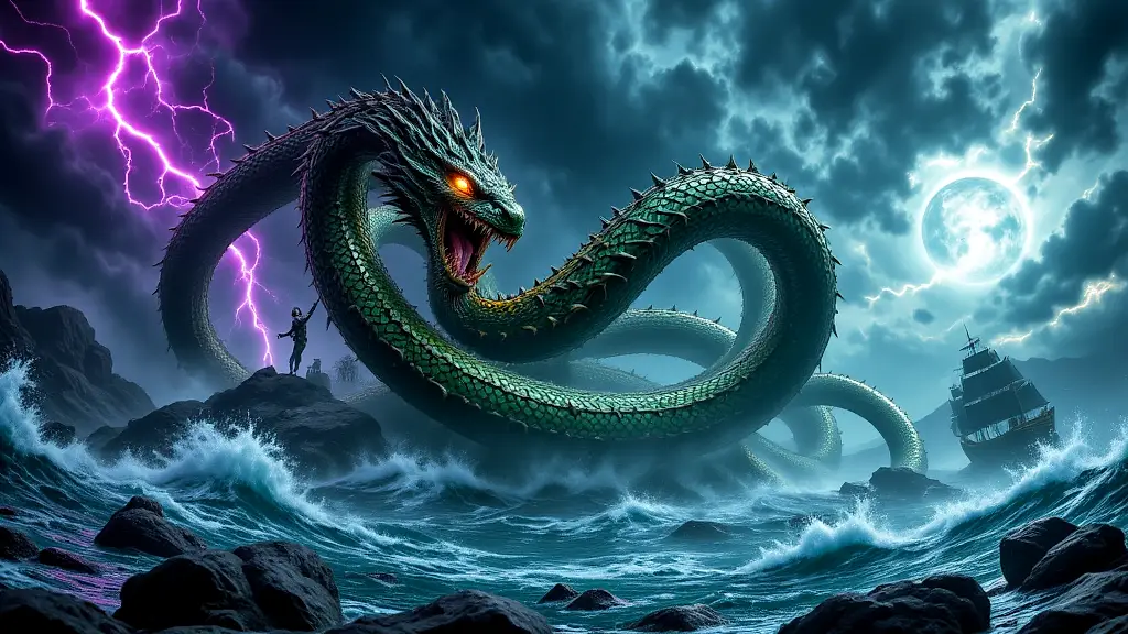 Jörmungandr, the World Serpent, encircles Midgard in stormy seas.