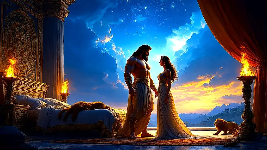 Jupiter disguised as Amphitryon conceives Hercules with Alcmene.