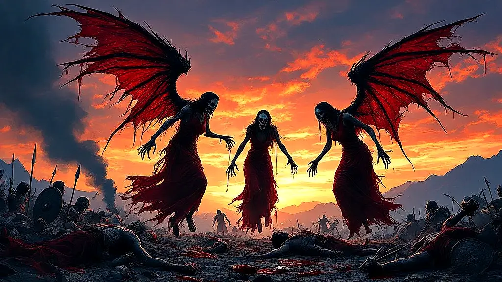 Keres spirits descending on a bloody battlefield at dusk.