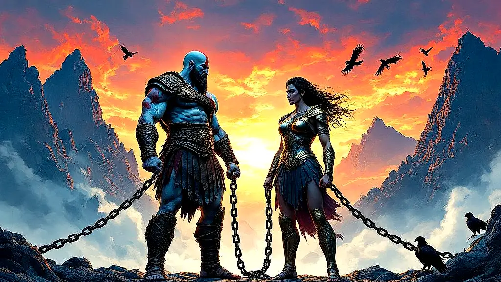 Kratos and Bia bind Prometheus at Zeus's command.