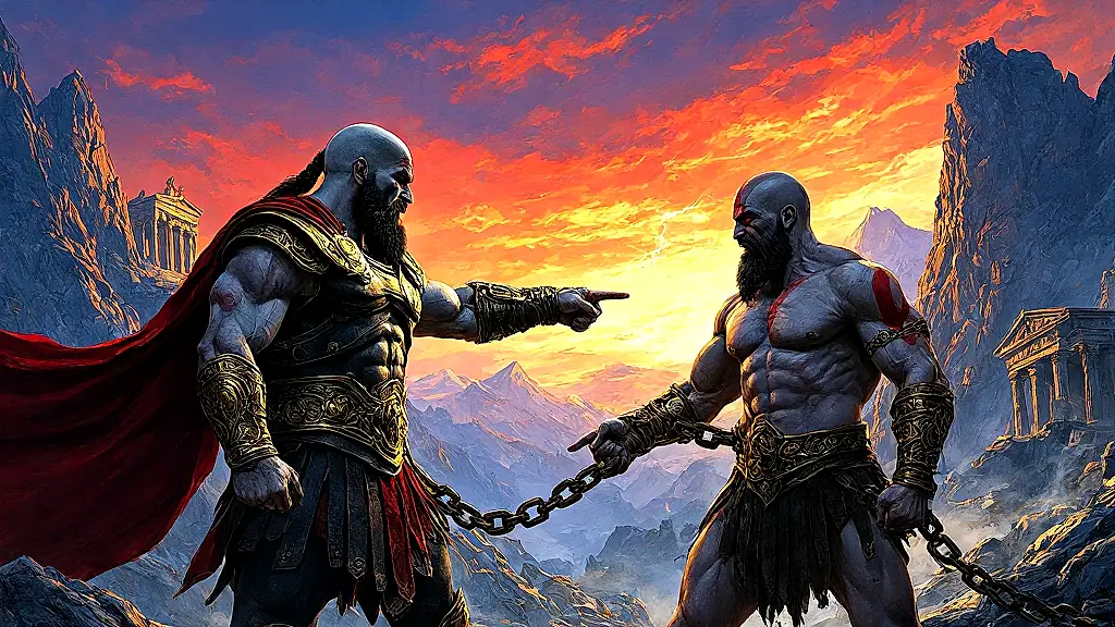 Kratos and Bia chain Prometheus to a mountain.