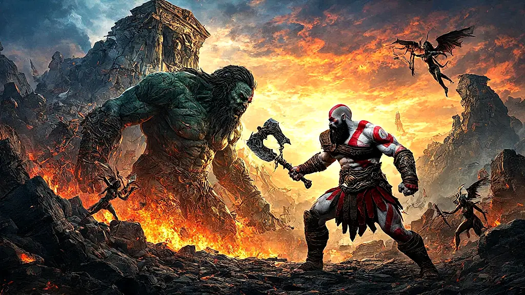 Kratos battles gods amid Olympus' ruins, wielding fiery Blades of Chaos.