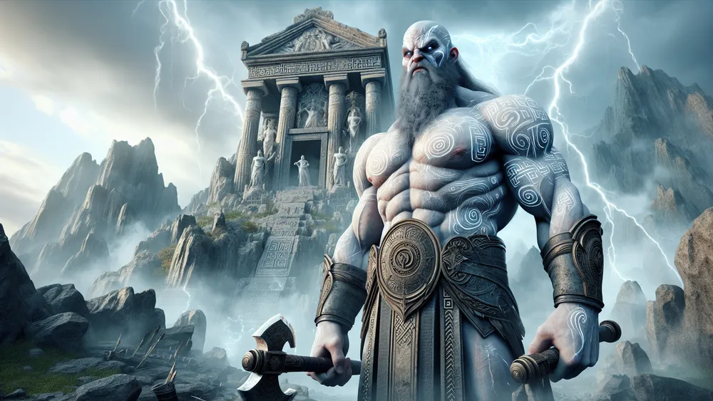Kratos Greek God Of Strength In Ancient Temple With Glowing Axes