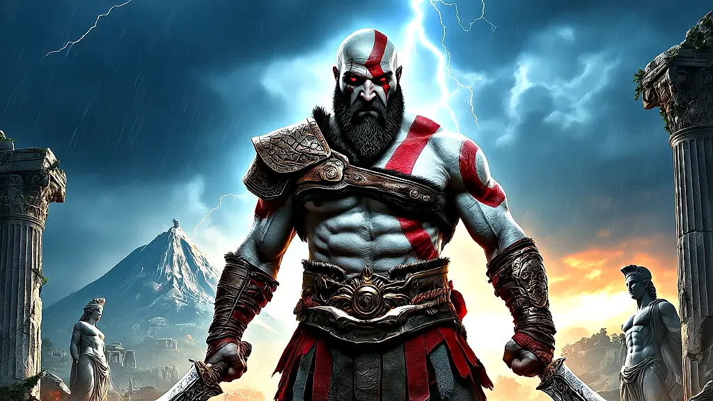 Kratos, the Spartan warrior, stands amidst Greek ruins.