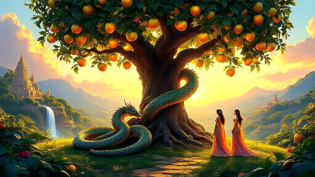 Ladon guarding golden apples in the Garden of Hesperides.