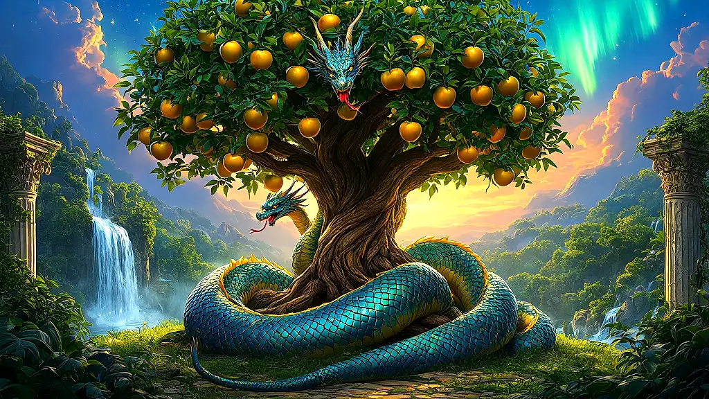 Ladon, the hundred-headed dragon, guards golden apples in mythical garden.