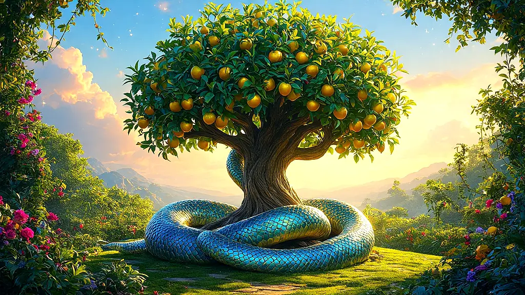 Ladon, the hundred-headed dragon, guards the golden apple tree.