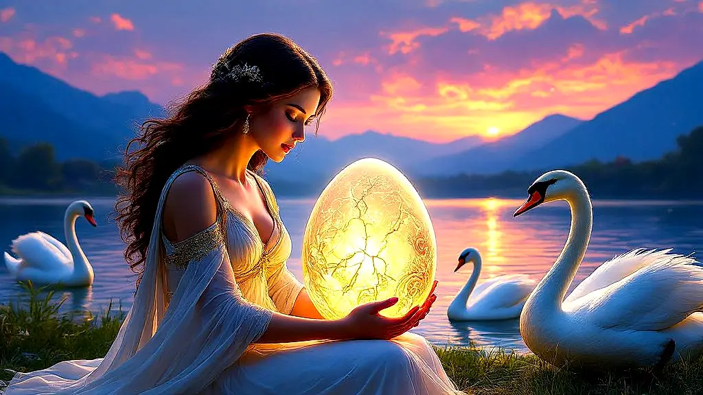 Leda cradles glowing egg, Helen’s divine birth.