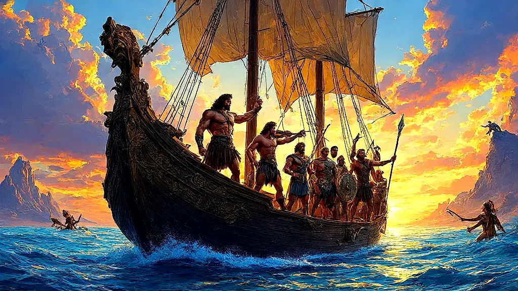 Legendary Argonauts aboard the Argo in golden sunset light.