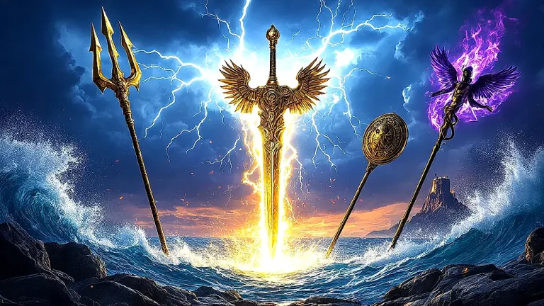 Legendary Greek god weapons glowing with divine energy.