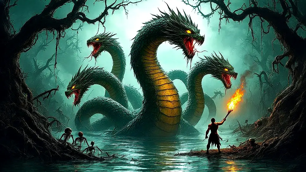 Lernaean Hydra in swamp with Hercules battling.