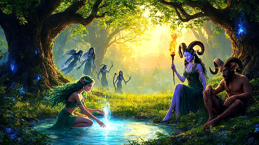 Lesser Greek deities in a mystical twilight glade.