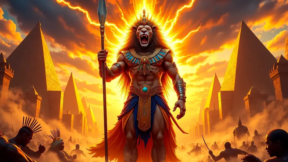 Lion-headed war god Apedemak in golden battlefield glory.
