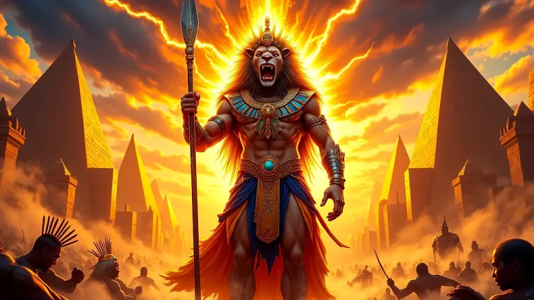 Lion-headed war god Apedemak in golden battlefield glory.