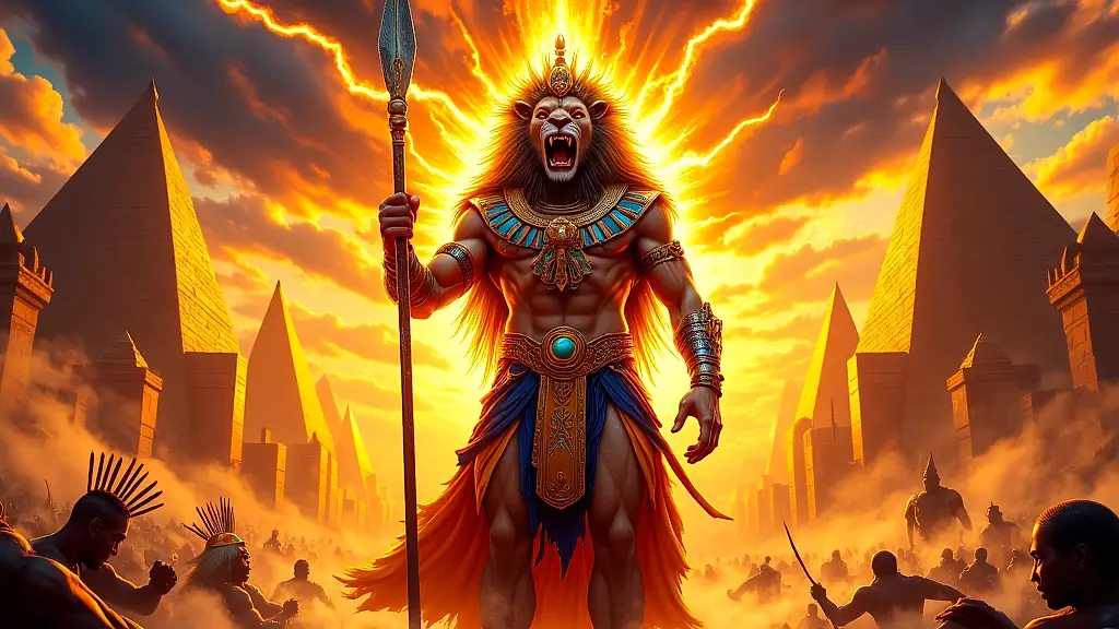 Lion-headed war god Apedemak in golden battlefield glory.