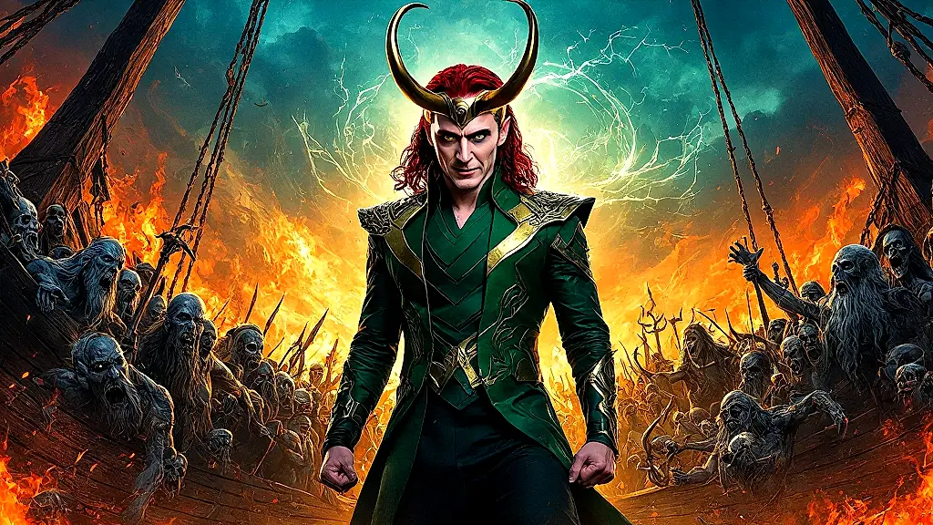 Loki commands Naglfar during Ragnarök’s chaos.