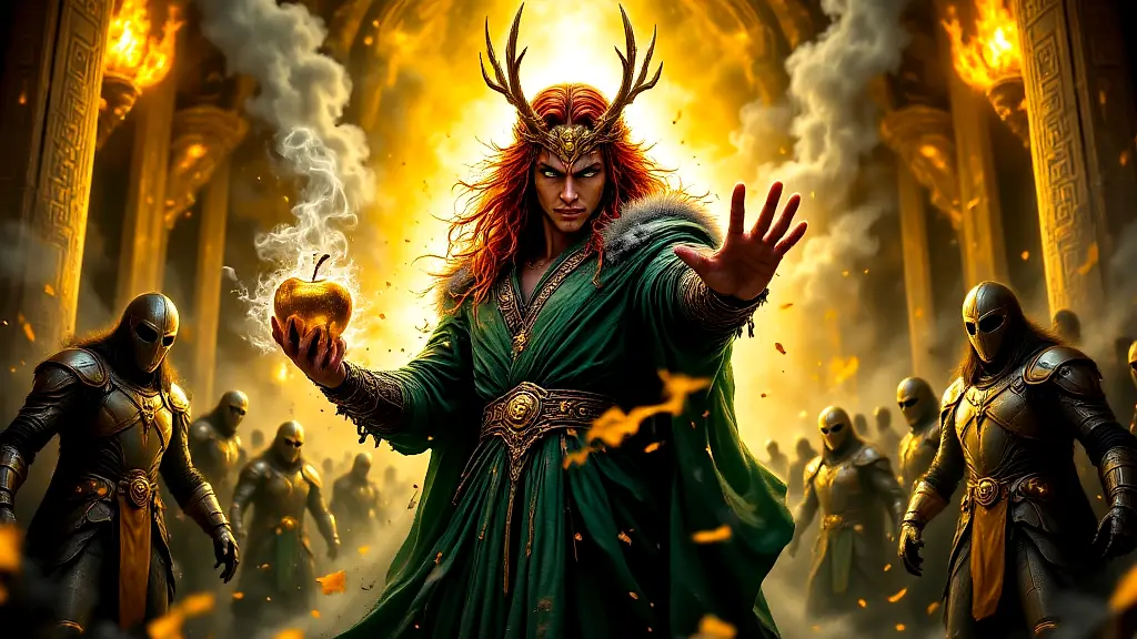Loki, the trickster god, smirking in Asgard’s golden hall.