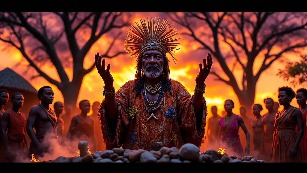 Lugbara orimba performing a sacred ritual at dusk.