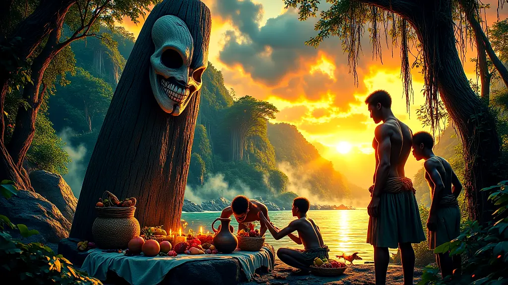 Lugbara shrine with split deity Adroa at twilight.