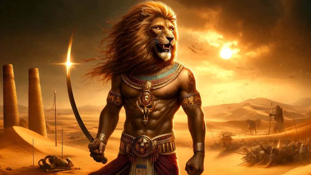 Maahes, the lion headed Egyptian god, in a battlefield.