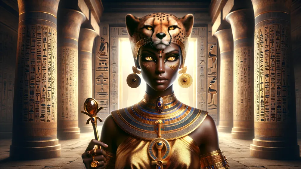 Mafdet, Egyptian Goddess, in a golden lit temple with hieroglyphics.