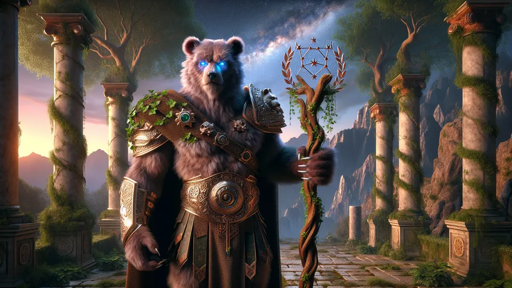 Majestic Bear Like Greek Deity In Forest Temple Under Twilight And Stars