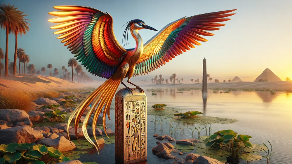 Majestic Bennu Bird Symbol Of Rebirth By The Nile At Sunrise