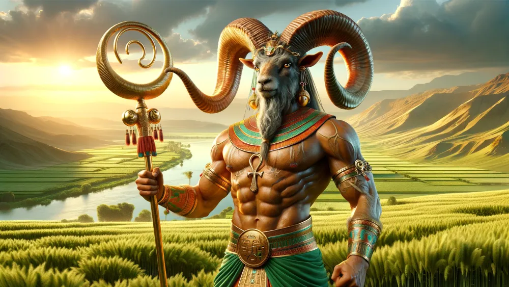 Majestic Heryshaf, ancient Egyptian ram deity with curved horns, in lush Nile setting.