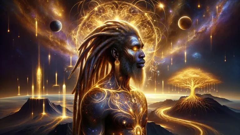 Majestic Katonda Glowing With Divine Energy Standing Before A Celestial Tree