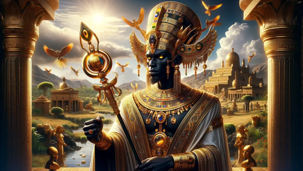 Majestic Nubian god in golden robes with lush ancient background.