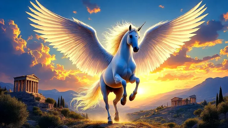 Majestic Pegasus soaring through golden sunset sky.