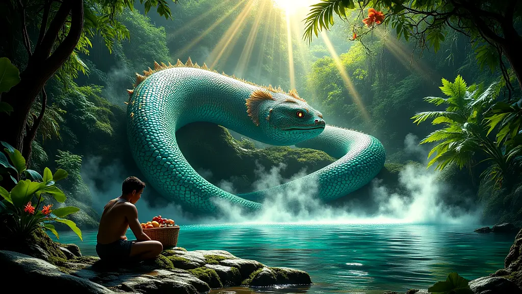 Majestic Simbi spirit guarding sacred waters in lush jungle.