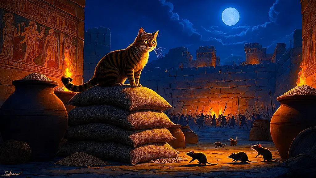 Majestic Trojan cat guarding grain during siege, mythic ambiance.