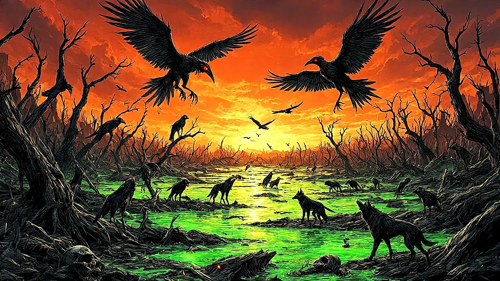 Metallic birds ravage Stymphalian Marsh, turning it into a toxic wasteland.