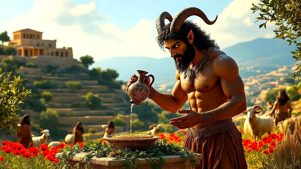 Minoan goat-legged Genius pouring libation in lush Crete.