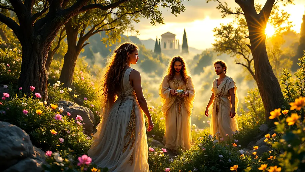 Minor Greek deities in a vibrant mystical glade.