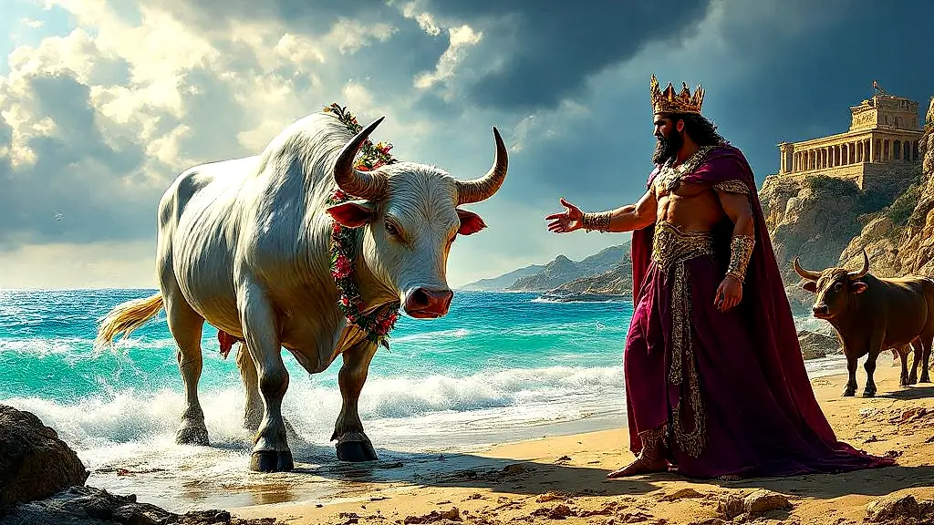 Minos betrays Poseidon, keeping the divine white bull.