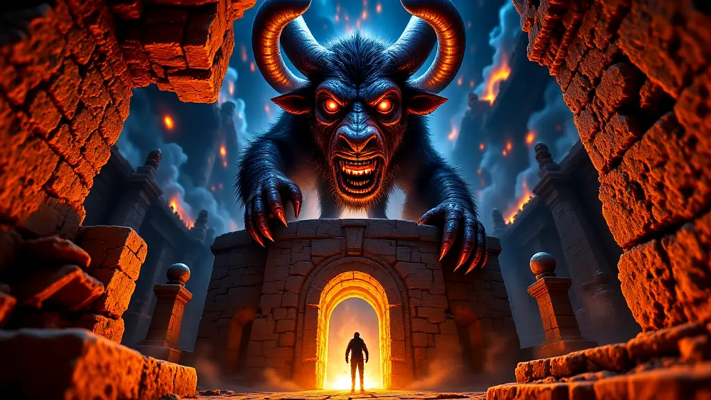 Minotaur in shifting labyrinth, torches casting eerie shadows.