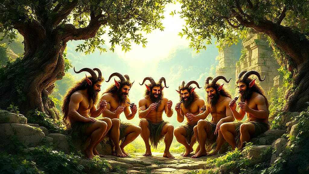 Mischievous satyrs revel in a mythical Greek forest.