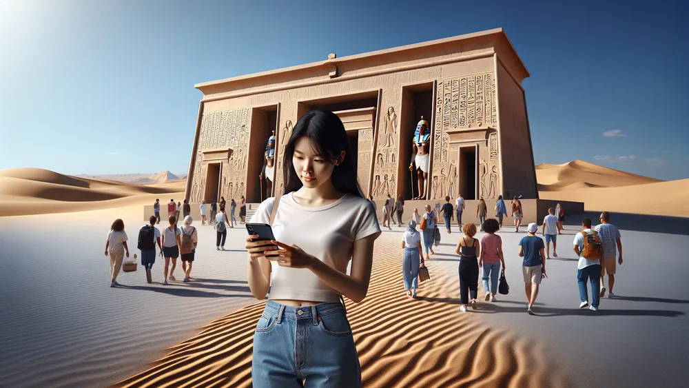 Modern Individual At Ancient Egyptian Temple With Gods Statues And Hieroglyphics