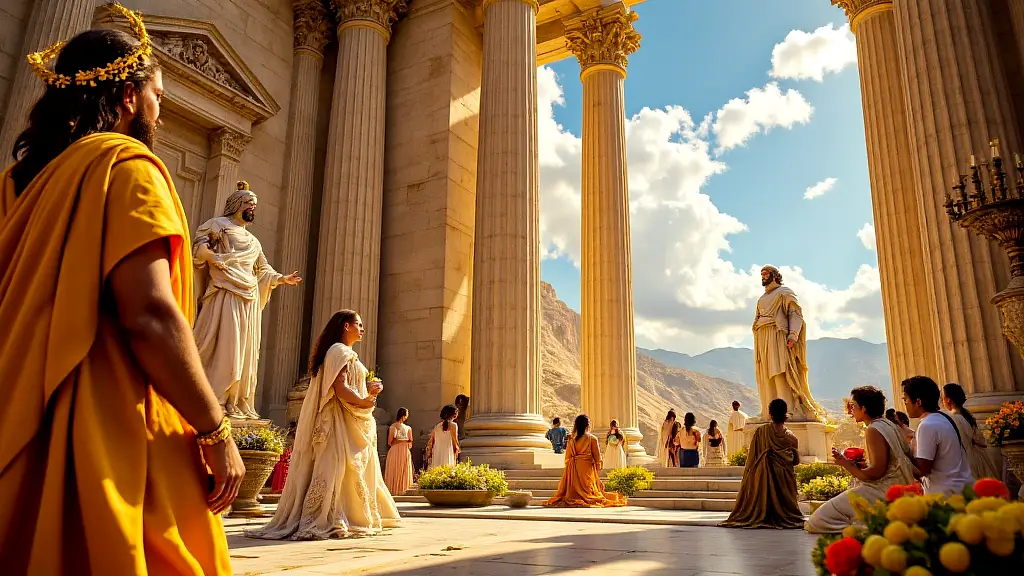 Modern worshippers honoring Olympian gods in a sunlit temple.