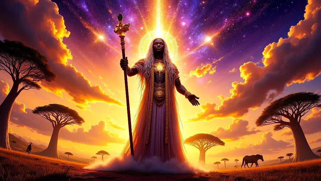 Modimo, African supreme deity, in celestial savanna at sunset.