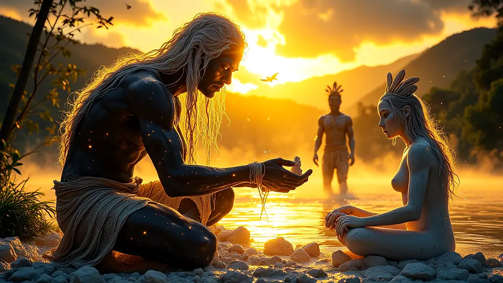 Modimo shapes humans from clay with Badimo at sunrise.
