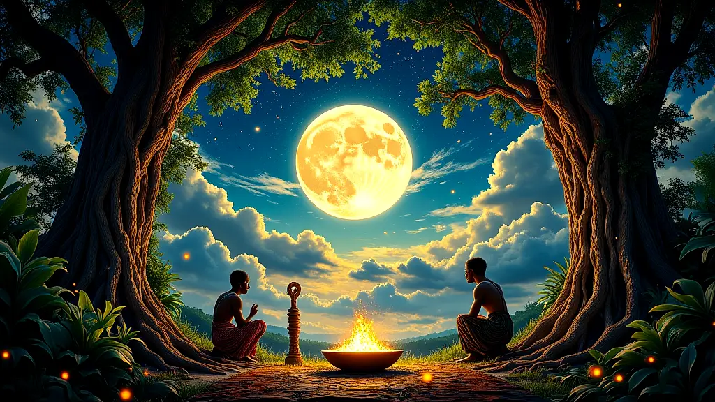 Moonlit sacred grove with ritual objects under a glowing full moon.