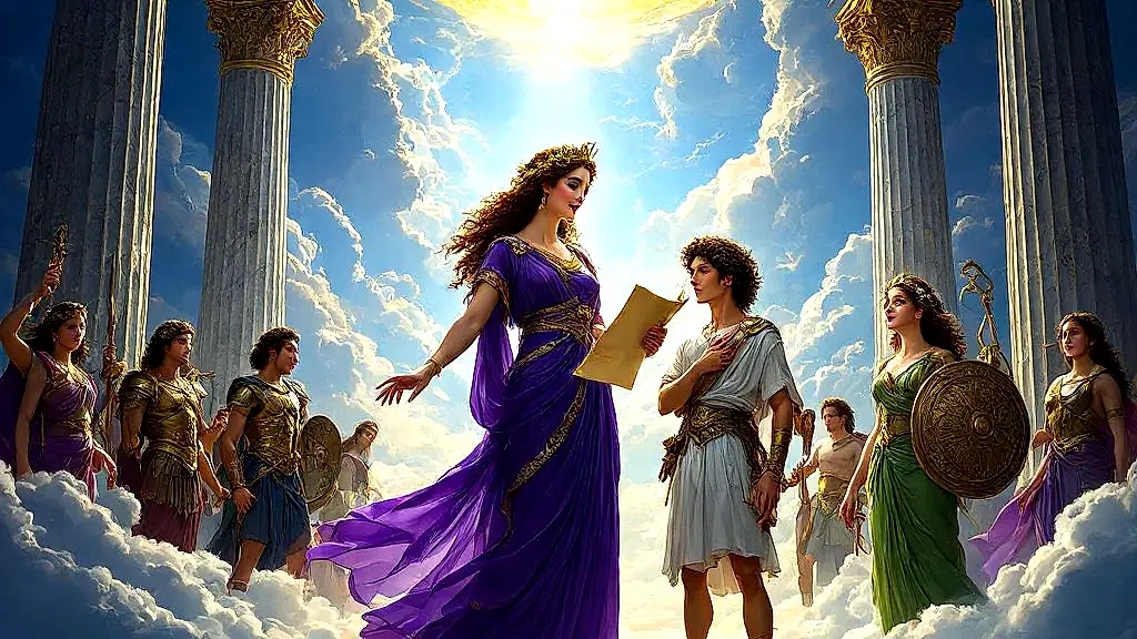 Muses and their divine children in golden Olympus hall.