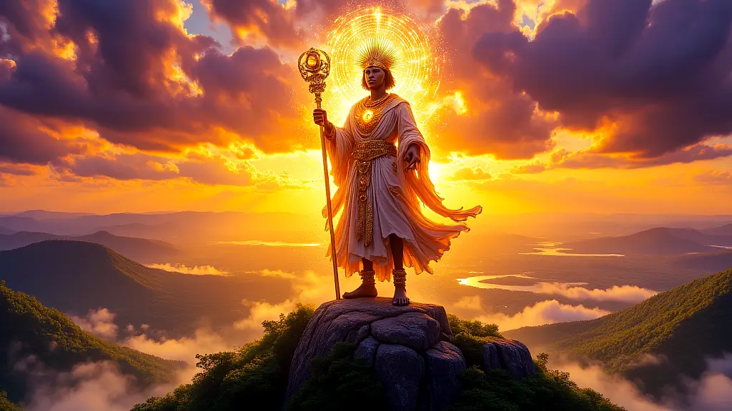 Mwari, African Creator Deity, glowing atop a sacred mountain.