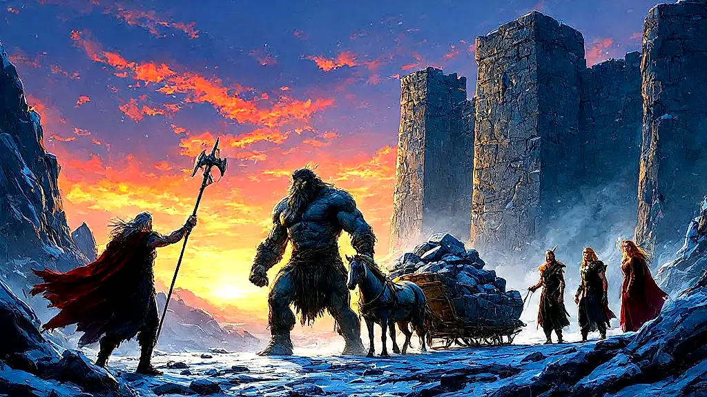 Mysterious builder and Svadilfari near-completing Asgard’s walls at twilight.